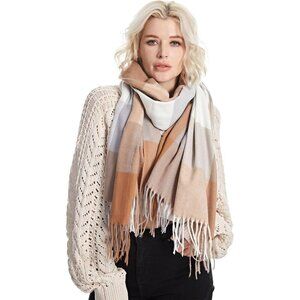 Women Light Brown Winter Warm Shawl Wraps Tartan Blanket Oversized Scarves
